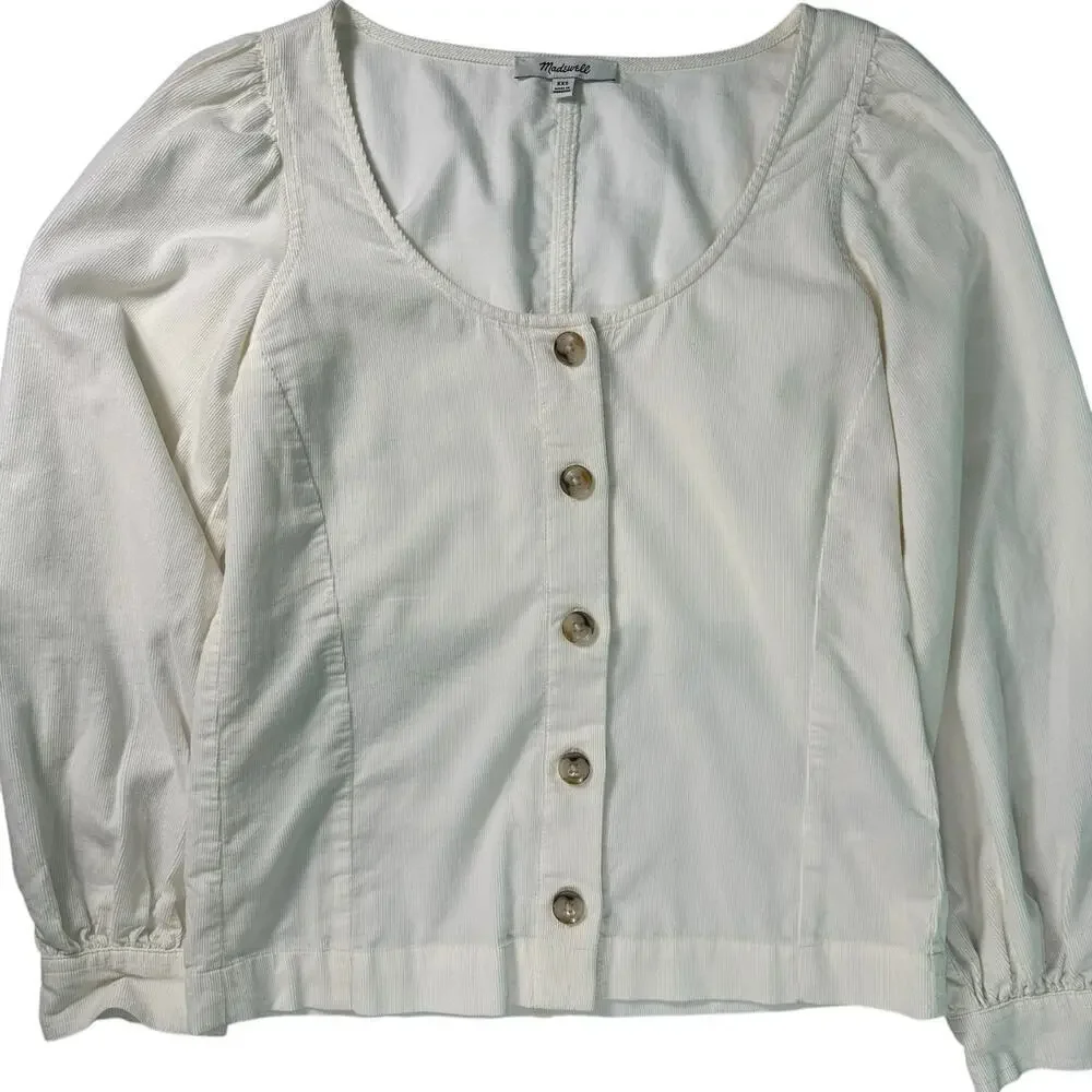 Madewell Corduroy Shirred-Sleeve Button-Front Shirt Ivory Blouse Top Size XS‎